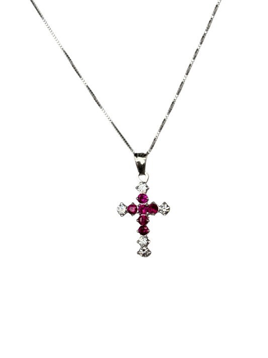 Sterling Silver Necklace with Pink gemstone Cross