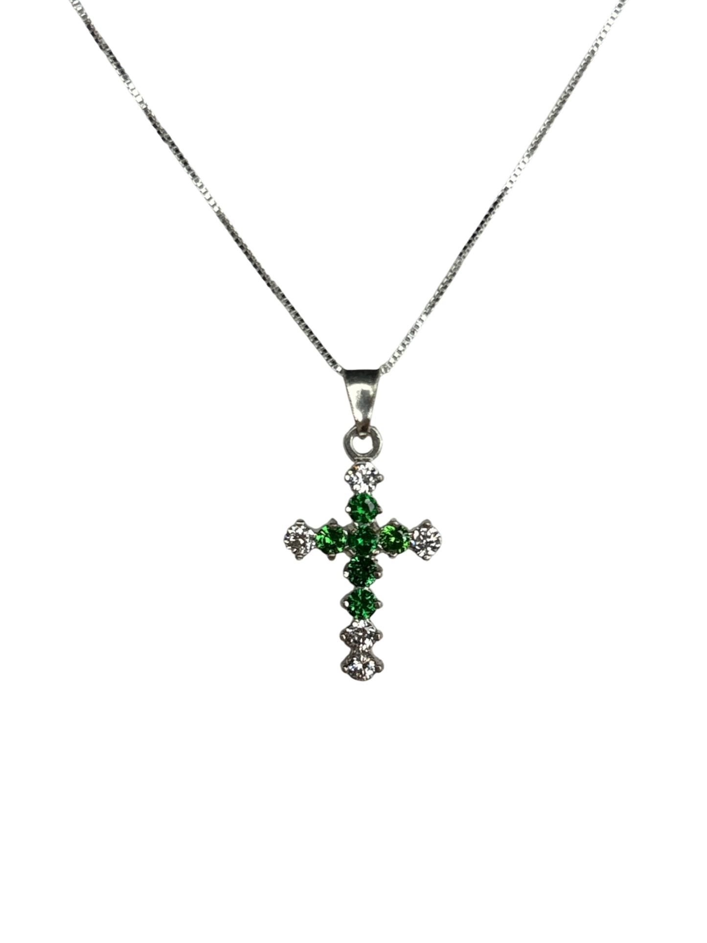 Sterling Silver Necklace with Green gemstone Cross