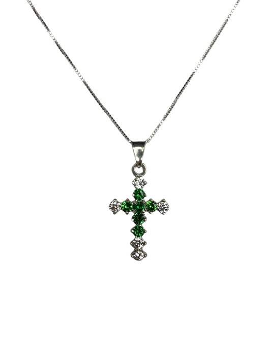 Sterling Silver Necklace with Green gemstone Cross