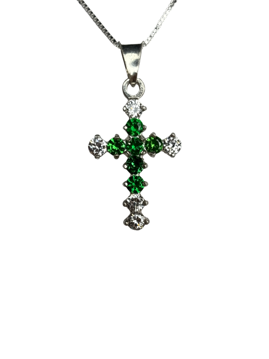 Sterling Silver Necklace with Green gemstone Cross