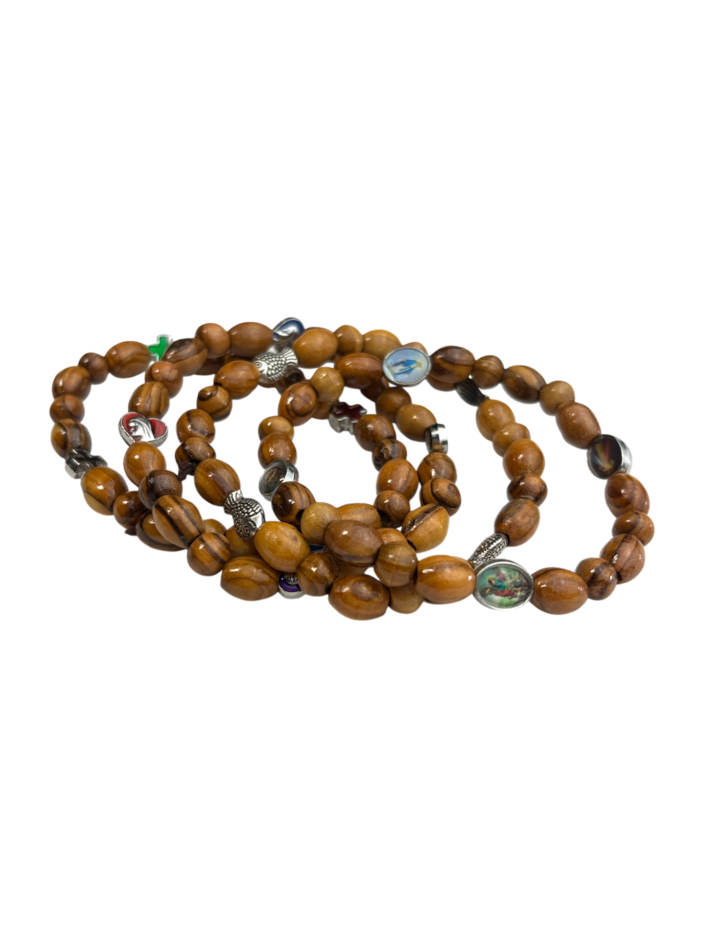 Set of Four Beaded Olive Wood Bracelets