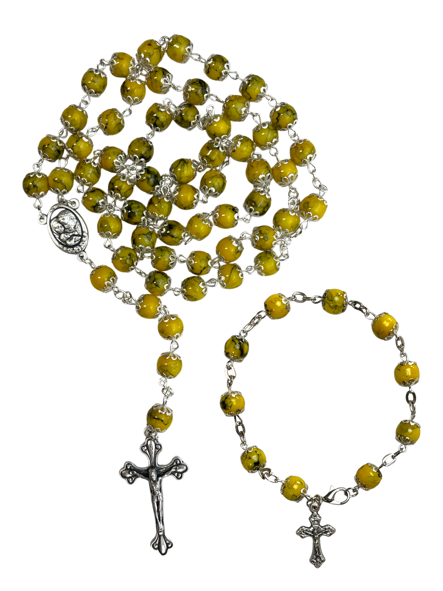 Yellow Coral Rosary and Bracelet Set