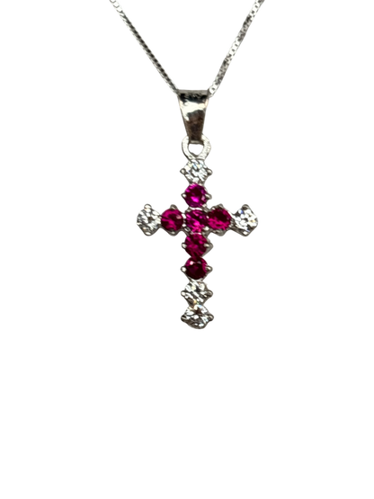 Sterling Silver Necklace with Pink gemstone Cross