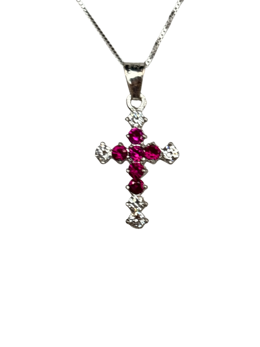 Sterling Silver Necklace with Pink gemstone Cross