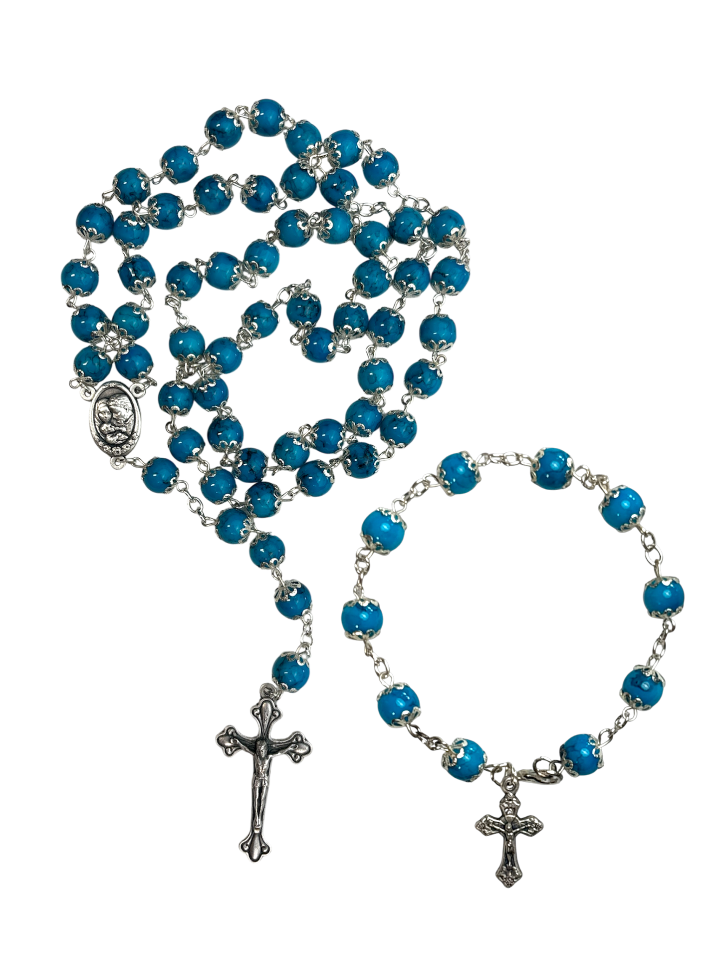 Blue Coral Rosary and Bracelet Set
