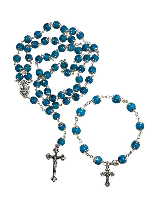 Blue Coral Rosary and Bracelet Set